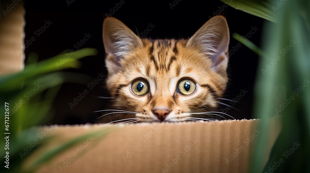 Abandoned kitten cat watching alertly to outside from a paper box underbrush, concept of animal protection.