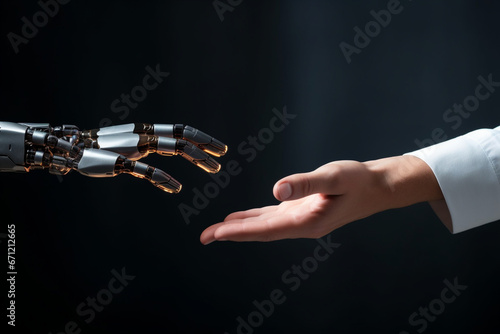 A robotic hand reaching out to touch a human hand, highlighting the collaboration between humans and AI, creativity with copy space © Лариса Лазебная