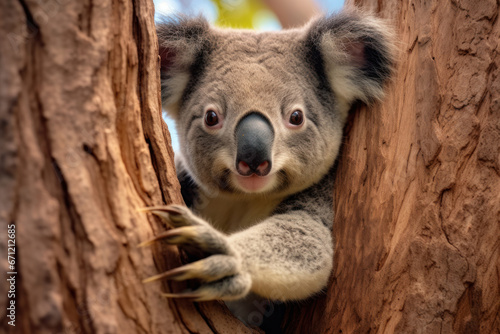 A koala clinging to a tree  focus on the paws and expression