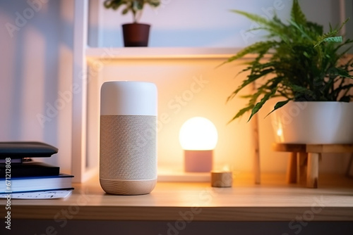 A smart home system controlling lights, security, and temperature through voice commands, demonstrating AI in daily living, creativity with copy space