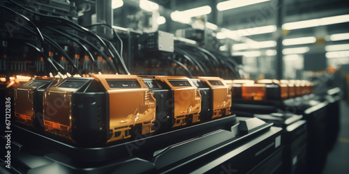 A row of orange and black machines in a factory. Suitable for industrial and manufacturing concepts.