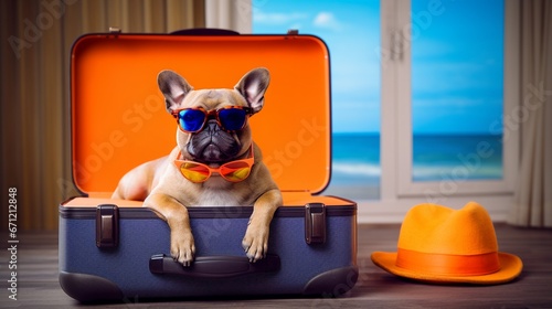 Chilled dog wearing sunglasses sits in colorful suitcase on orange yellow background, concept of fun travel, with copy space. © JW Studio