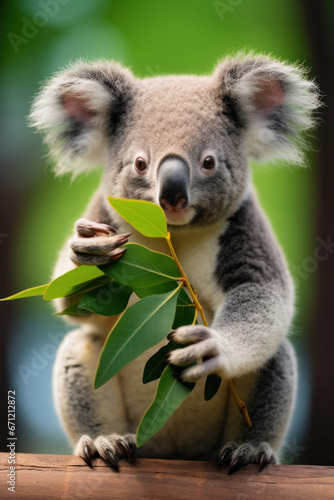 A koala eating eucalyptus leaves  focus on the paws and foliage  vertical photo