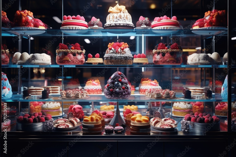 A display case showcasing a variety of delicious cakes. Perfect for bakery promotions and dessert menus.