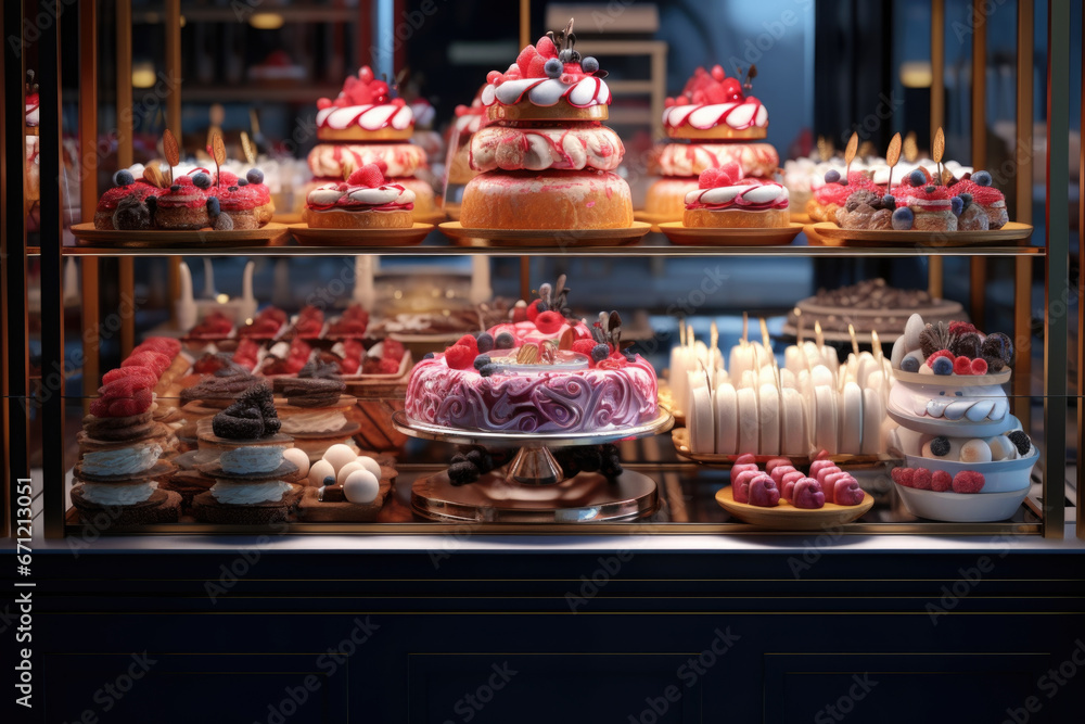 A display case filled with a variety of delicious cakes. Perfect for showcasing different cake flavors and designs. Ideal for bakery websites, dessert catalogs, and food blogs.