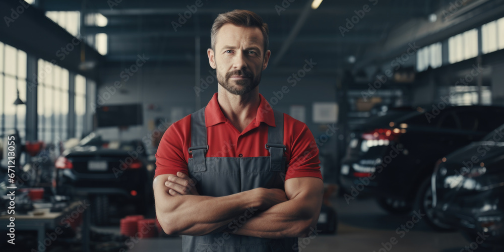 A confident man stands in a garage with his arms crossed. This versatile image can be used to convey concepts of determination, success, or professionalism. A confident man stands in a garage with his arms crossed. This versatile image can be used to convey concepts of determination, success, or professionalism.