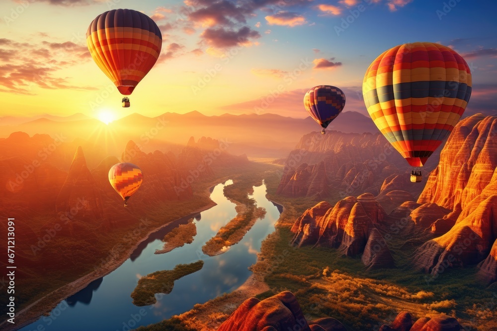 Obraz premium Sonnenuntergang über Berglandschaft mit Heißluftballons, Sunset over mountain landscape with hot air balloons