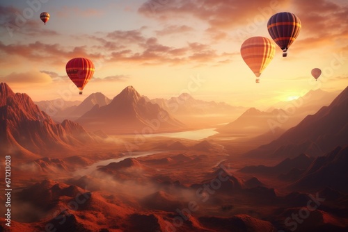Sonnenuntergang über Berglandschaft mit Heißluftballons, Sunset over mountain landscape with hot air balloons