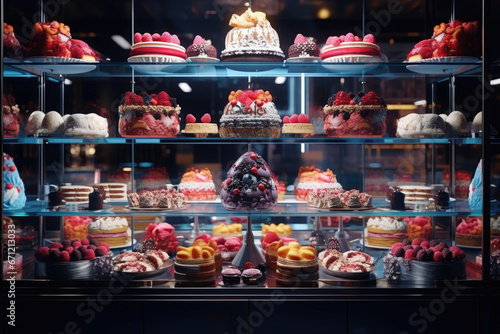 A display case showcasing a variety of delicious cakes. Perfect for bakery promotions and dessert menus.