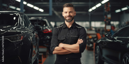 A man standing in front of a car in a garage. Perfect for automotive or lifestyle related projects. © Fotograf