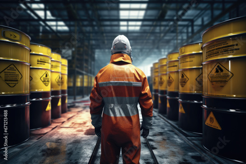 A man wearing an orange coverall stands in front of a row of barrels. This image can be used to represent industrial work, hazardous materials, or safety precautions.