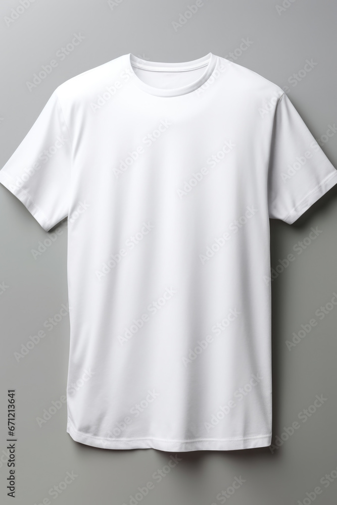 A white t-shirt is hanging on a wall. This image can be used for fashion, clothing, or interior design concepts. A white t-shirt is hanging on a wall. This image can be used for fashion, clothing, or interior design concepts.