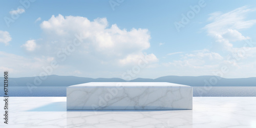 A white marble table placed on top of a white floor. This versatile image can be used to showcase modern interior design, minimalist aesthetics, or elegant home decor. © Fotograf