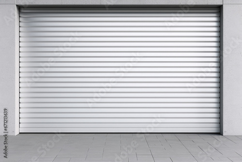 A white garage door with a red fire hydrant in front of it. This image can be used to depict a residential or commercial property with a fire safety feature.