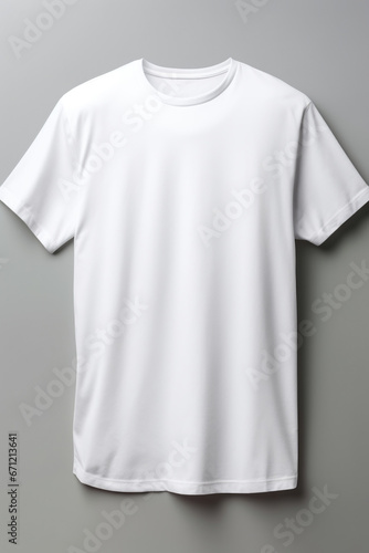 A white t-shirt is hanging on a wall. This image can be used for fashion, clothing, or interior design concepts.