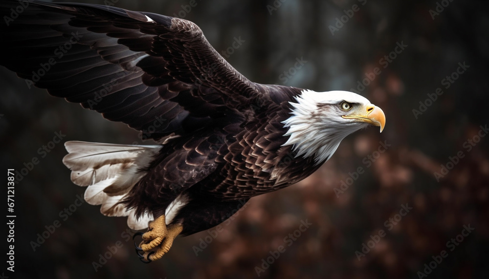 Fototapeta premium The majestic bald eagle, symbol of American patriotism, in flight generated by AI