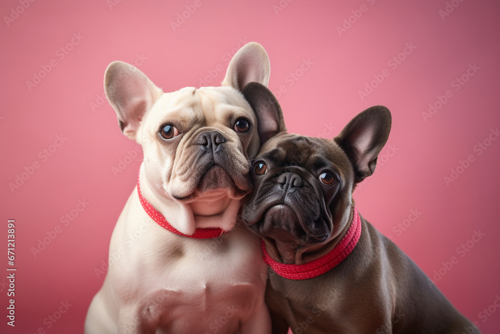 A Labrador and a French Bulldog sharing a loving embrace, capturing the beauty of canine bonds, creativity with copy space