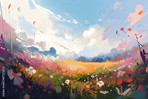 Digital painting of a field of flowers and blue sky with clouds. Generative AI.