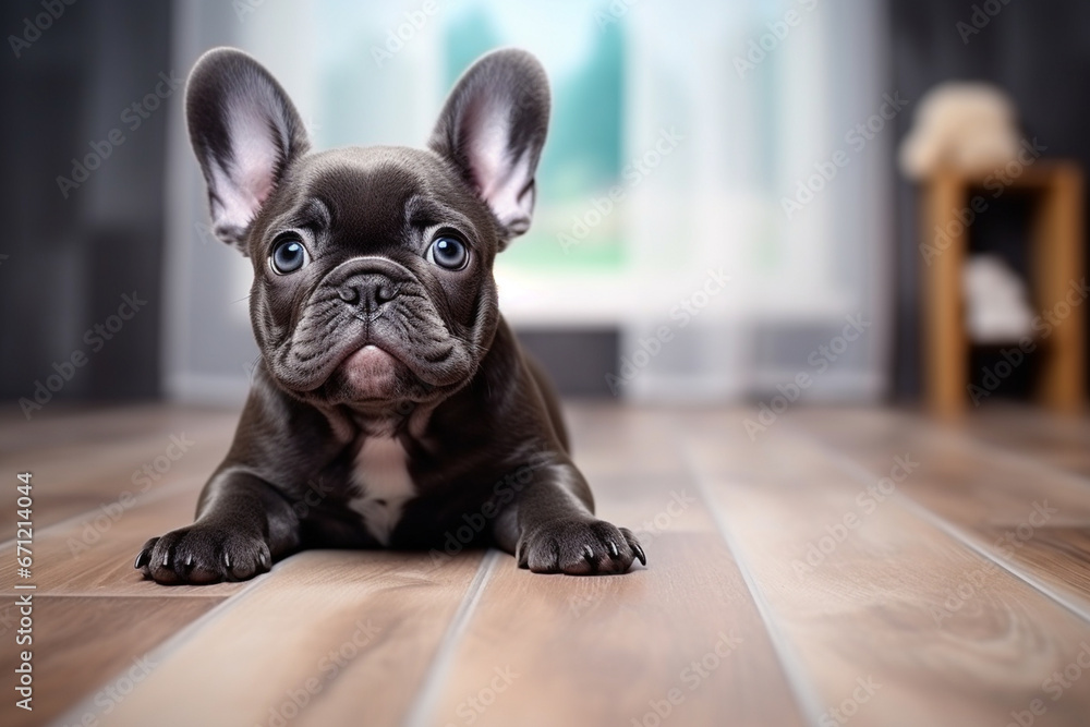 A French Bulldog puppy with a bright-eyed expression, showcasing their youthful curiosity and wonder, creativity with copy space