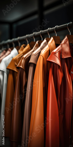 A row of leather jackets hanging on a rack. Perfect for showcasing fashionable outerwear in a retail store or fashion blog.
