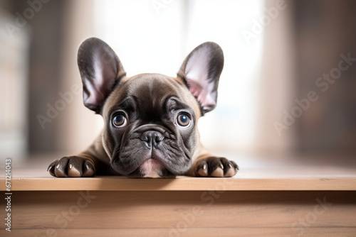 A French Bulldog puppy with a bright-eyed expression, showcasing their youthful curiosity and wonder, creativity with copy space © Лариса Лазебная