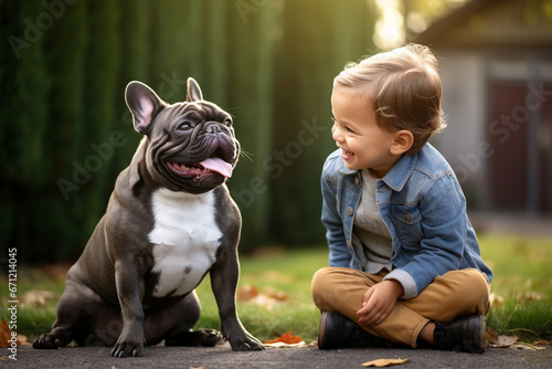 A French Bulldog engaging in a friendly interaction with a child, symbolizing their gentle and kind nature, creativity with copy space