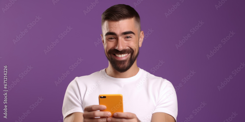 A man with a beard holding a cell phone. Suitable for technology-related projects and lifestyle concepts. A man with a beard holding a cell phone. Suitable for technology-related projects and lifestyle concepts.