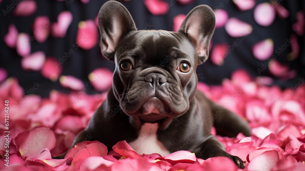 black french bulldog lying on bed with rose petals in background