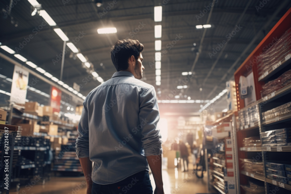 A man is seen standing in a store, carefully examining the items on the shelves. This image can be used to depict shopping, retail, consumerism, decision-making, or browsing in a store.