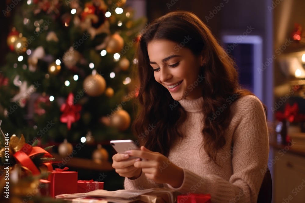A woman sitting at a table using a cell phone. Suitable for illustrating technology, communication, and modern lifestyle. A woman sitting at a table using a cell phone. Suitable for illustrating technology, communication, and modern lifestyle.