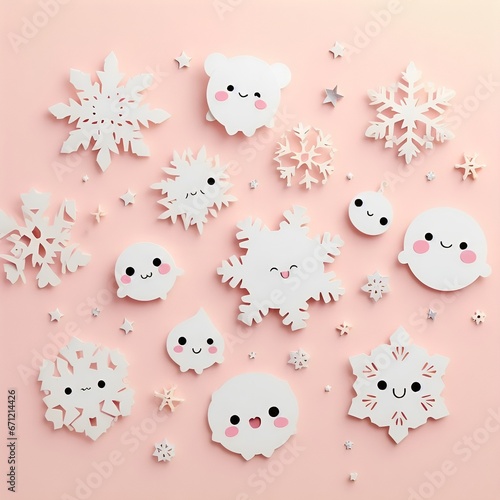 3D paper cut snowflakes with smiling happy faces and blushing rosy cheeks illustration Christmas festive imagery 4D design on plain pink background cute pastel color greetings card social media image