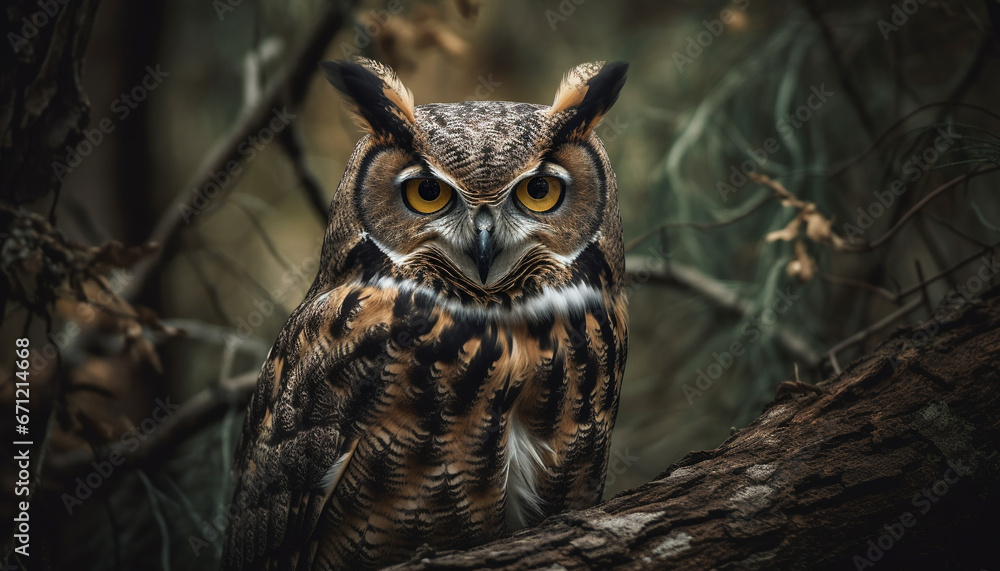 The great horned owl perching on a branch, staring evilly generated by AI The great horned owl perching on a branch, staring evilly generated by AI