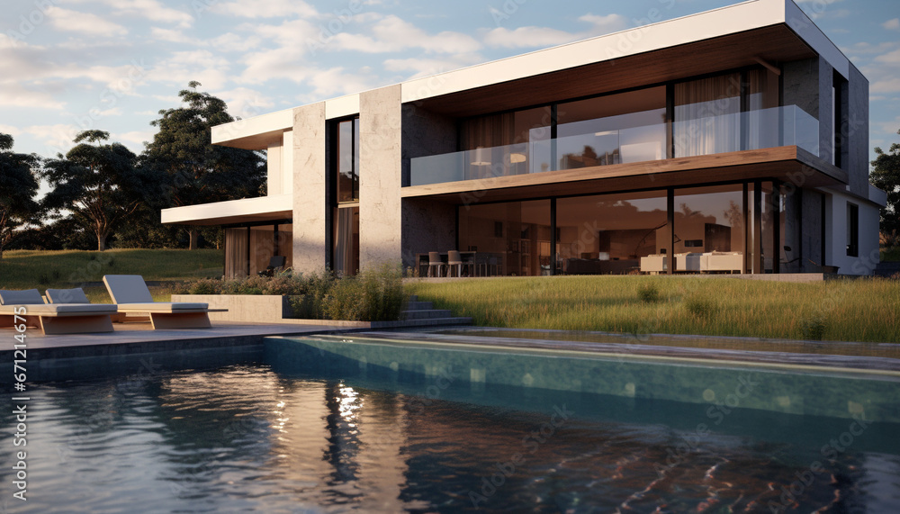 Luxury modern home with poolside reflection, elegant architecture and nature generated by AI