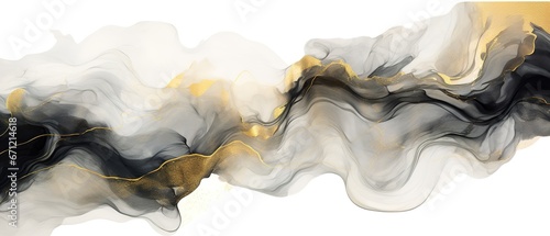 Abstract watercolor paint background illustration - Black gray color and golden lines, with liquid fluid marbled swirl waves texture banner texture