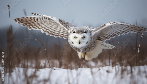 Snowy owl perching on branch, spread wings in tranquil forest generated by AI