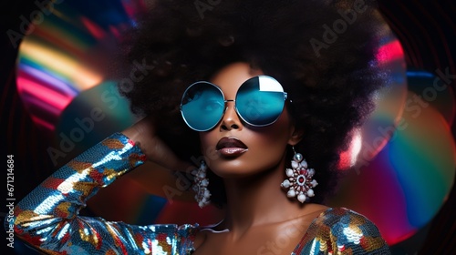 glamorous disco era fashion model, sequined jumpsuit, oversized sunglasses, afro hairstyle, copy space, 16:9