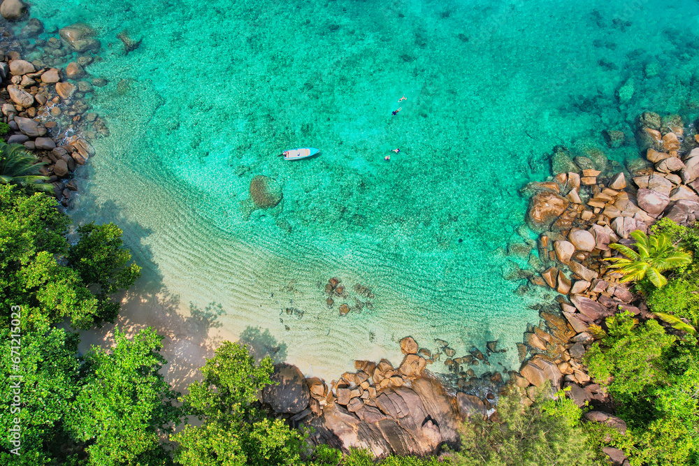 Obraz premium Drone shot of Anse Major beach, Mahe, Seychelles