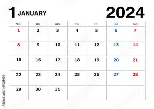 2024年1月のメモが書けるカレンダー月曜始まり