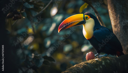 The vibrant toucan perching on a branch in the forest generated by AI