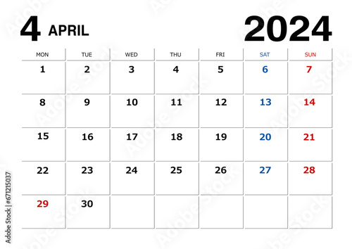 2024年4月のメモが書けるカレンダー月曜始まり