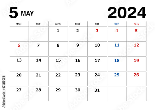 2024年5月のメモが書けるカレンダー月曜始まり