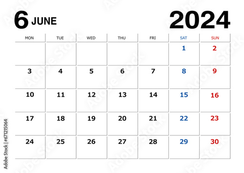 2024年6月のメモが書けるカレンダー月曜始まり