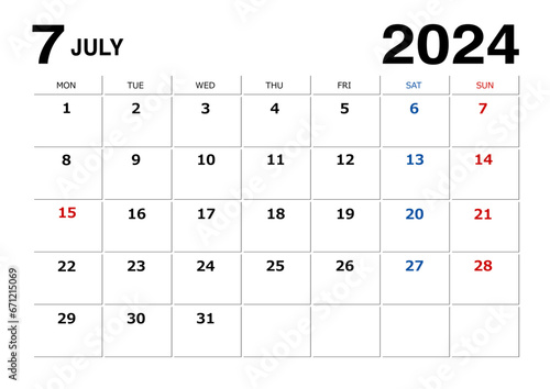 2024年7月のメモが書けるカレンダー月曜始まり
