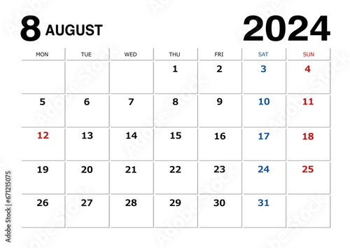 2024年8月のメモが書けるカレンダー月曜始まり