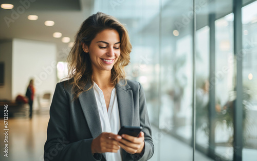 A female entrepreneur using smartphone in a bright office