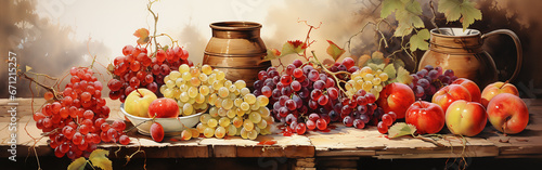 still life with wine and grapes and apples in watercolor painting design © bmf-foto.de