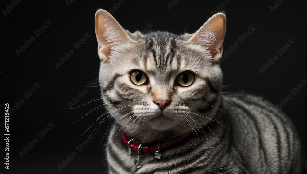 American Shorthair cat isolated on a black background. Backdrop with copy space