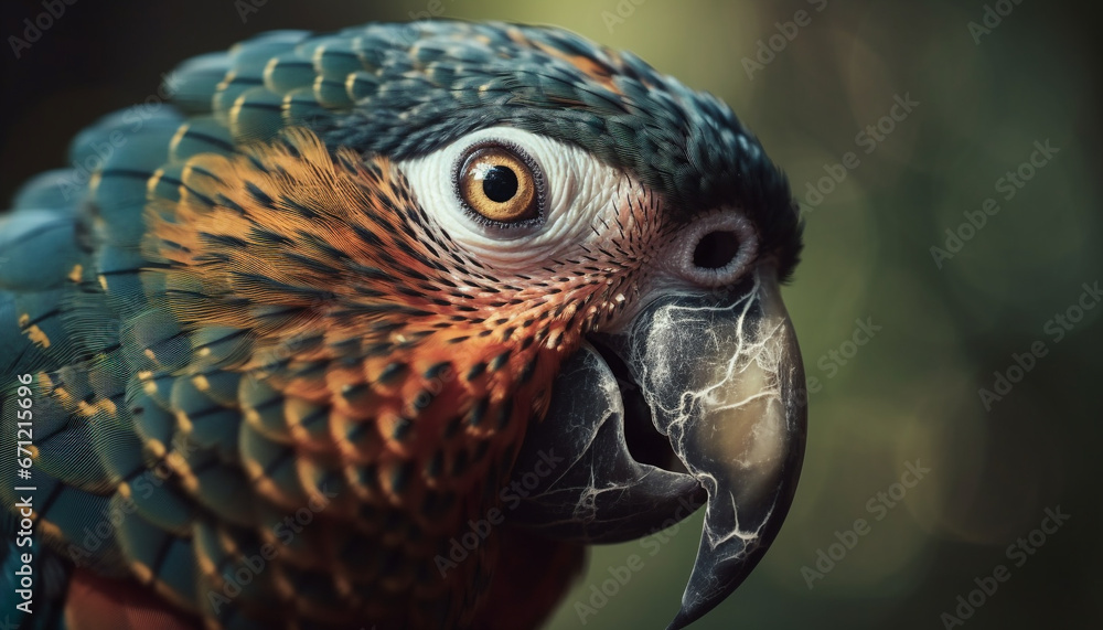 Obraz premium Close up of a vibrant hawk beak and multi colored feathers generated by AI