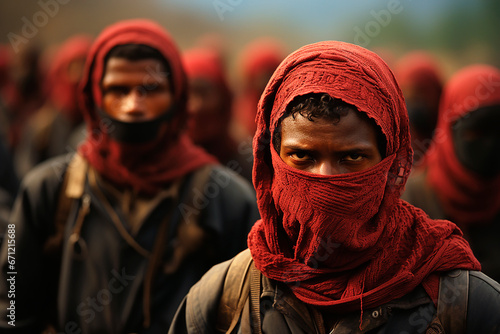 A group of male anahists, protesters, rebels, Islamists, Muslims wearing masks. Zapatistas. photo