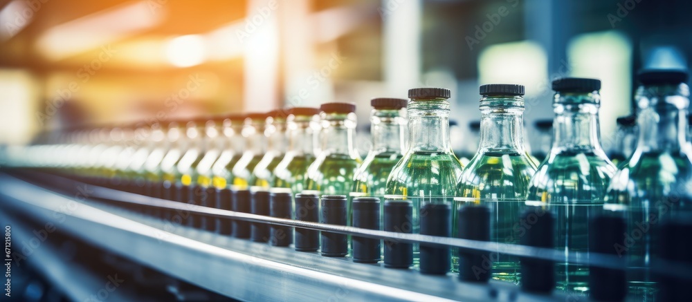 A multitude of bottles are positioned on a moving apparatus within a manufacturing facility A multitude of bottles are positioned on a moving apparatus within a manufacturing facility